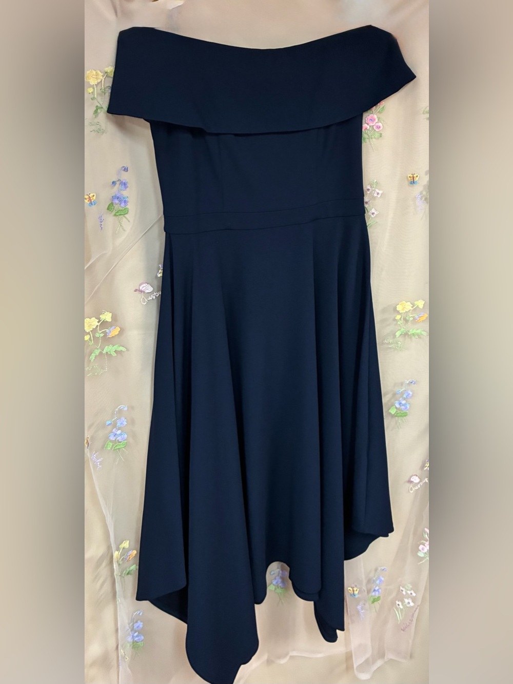 X by Xscape Navy Off Shoulder Handkerchief Hem Fit & Flare Dress Size 10